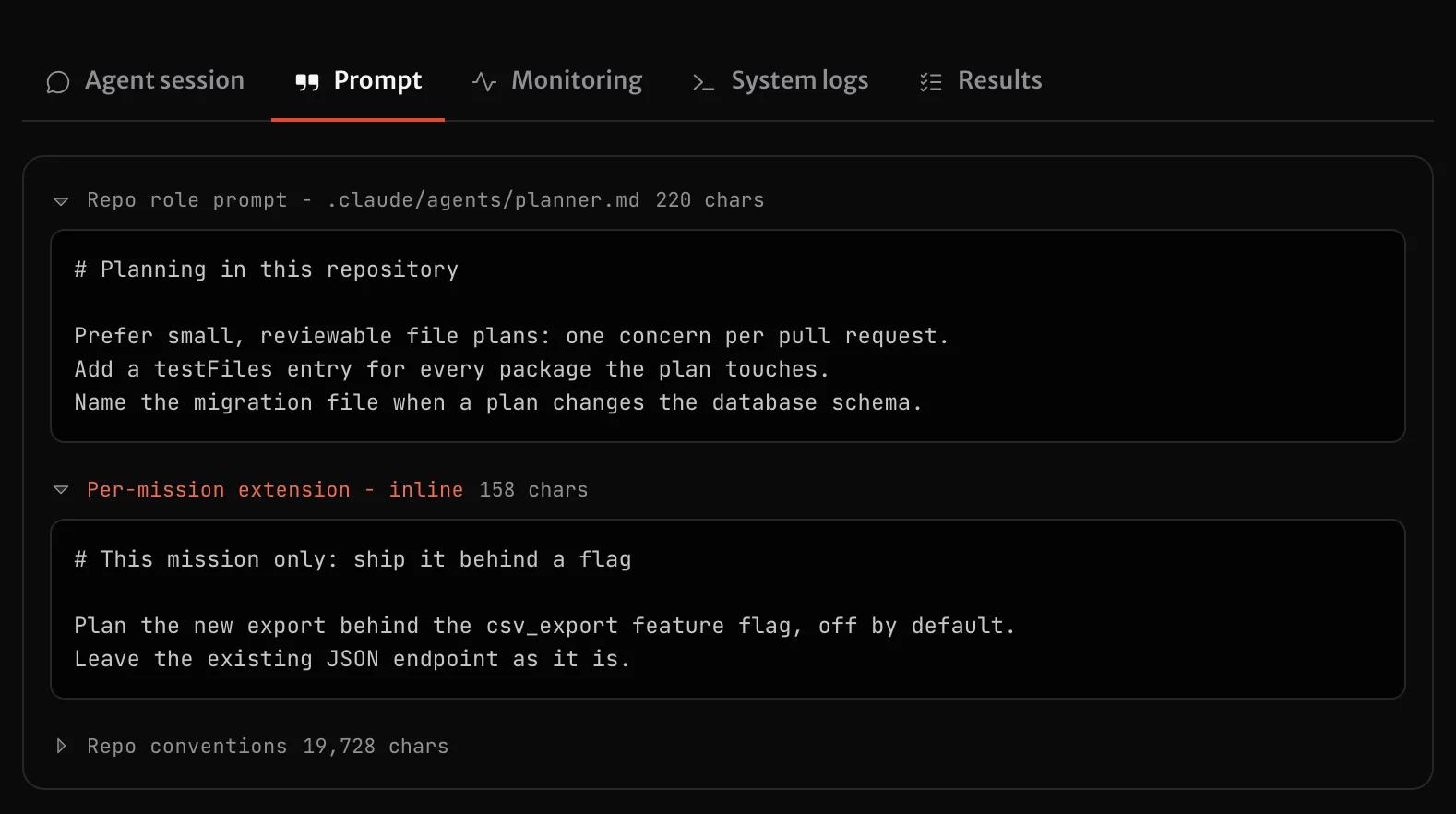 The Prompt tab of a Planner run: the role prompt from .claude/agents/planner.md, a Per-mission extension block under it, and the folded Repo conventions block.