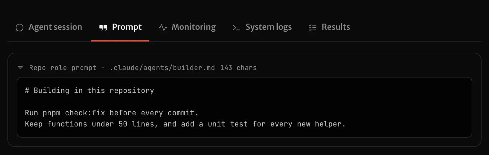 The Prompt tab of a Builder run: one block, labelled Repo role prompt, with the contents of .claude/agents/builder.md.