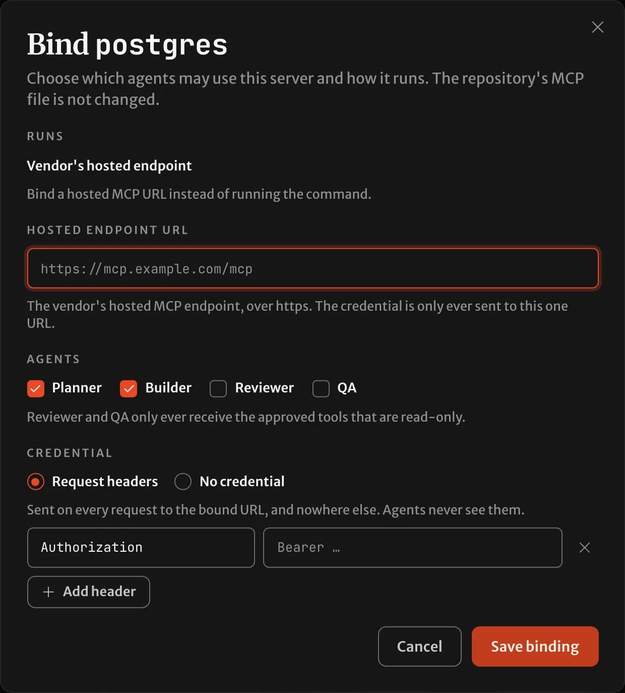 The binding dialog for a server started with Docker: the vendor's hosted endpoint is the only way it can run, with a URL field and an Authorization header.