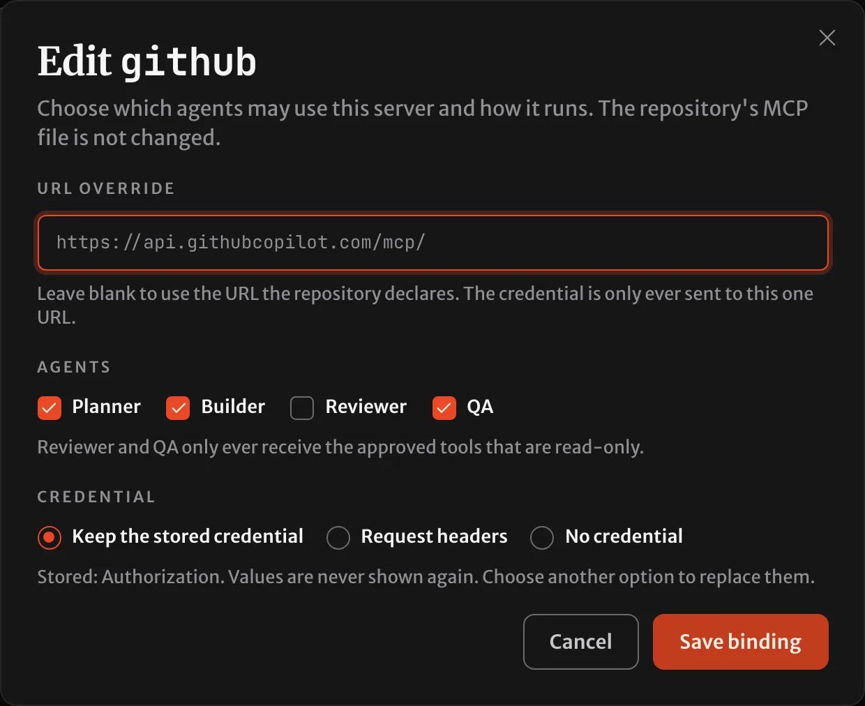 The binding dialog for the github server, with the planner, builder and QA agents ticked and a stored Authorization header.