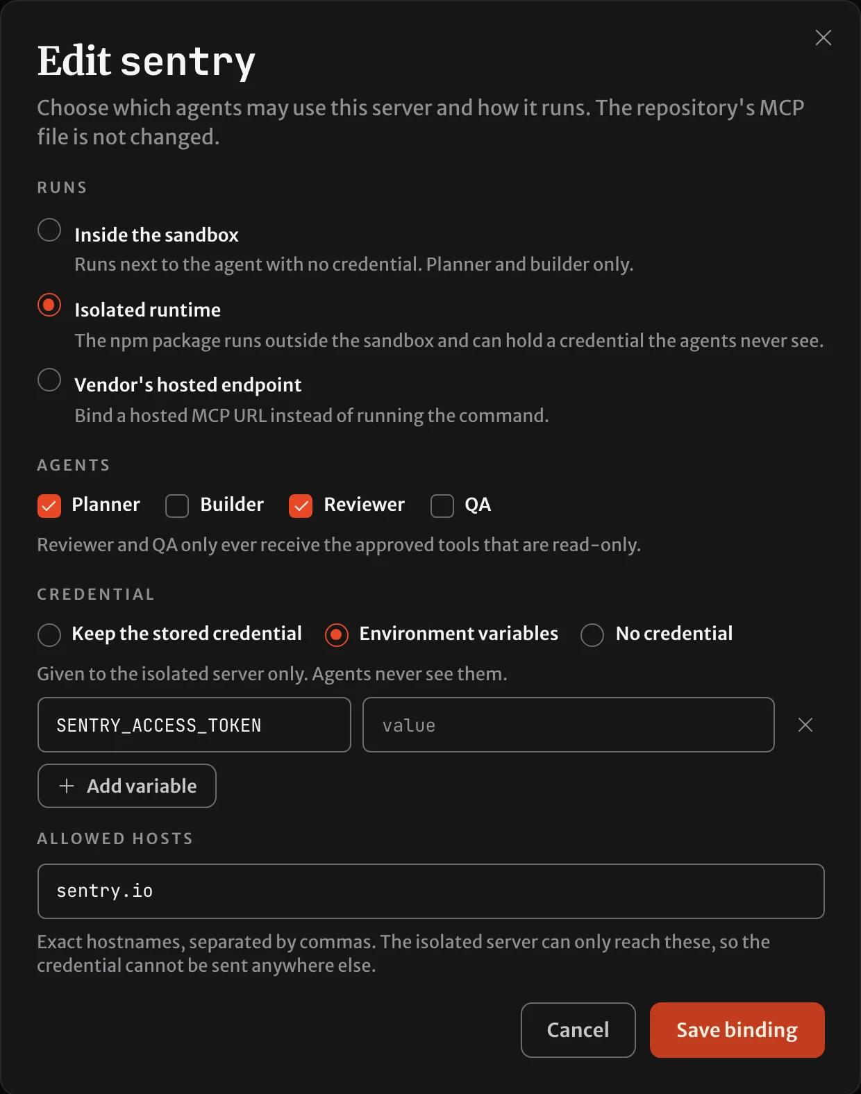 The binding dialog for the sentry server set to the isolated runtime, with a SENTRY_ACCESS_TOKEN environment variable and sentry.io as the only allowed host.