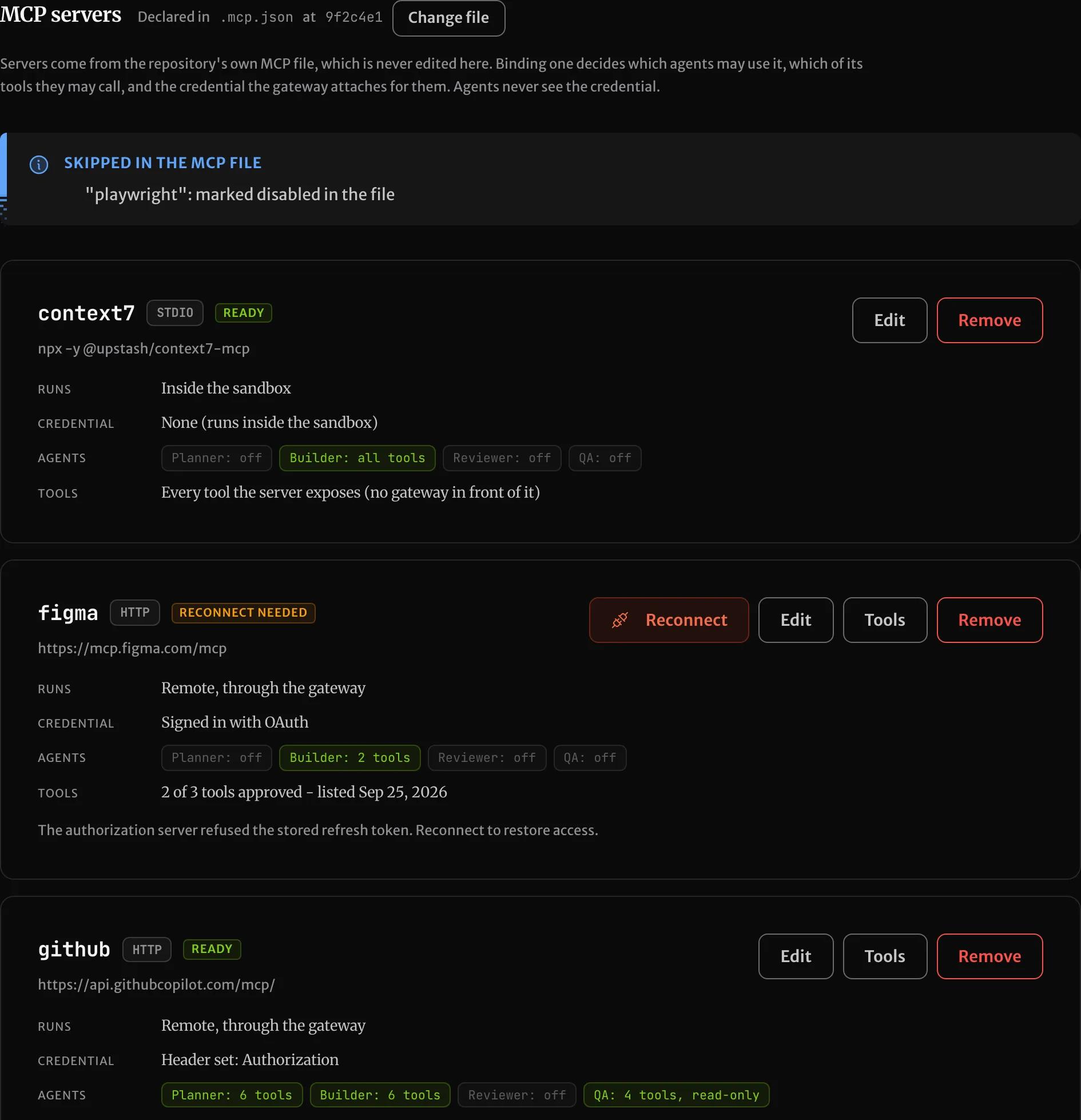 The MCP servers section of a project page: the file the servers come from, then a card per server with how it runs, its credential, the tools each agent receives, and its status.