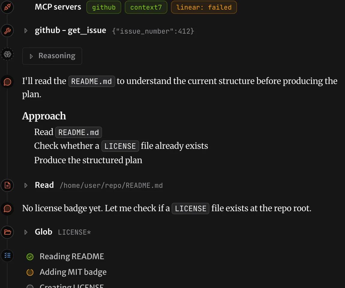 A planner run's timeline: an MCP servers row with github and context7 connected and linear failed, then a github get_issue call.