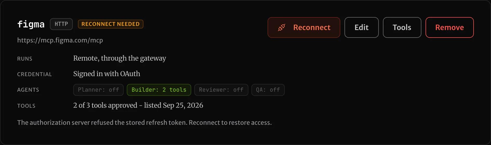 A server card reading Reconnect needed, with the provider's reason: the authorization server refused the stored refresh token.