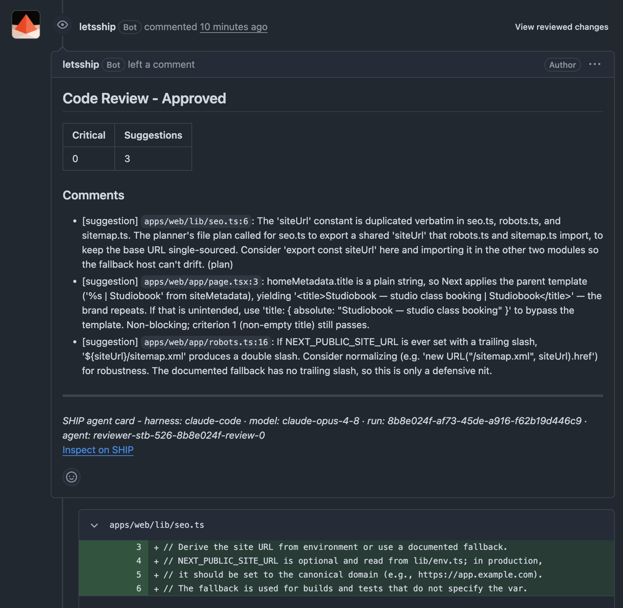 A Reviewer verdict on a GitHub pull request, signed with the SHIP agent card naming the harness, model and run